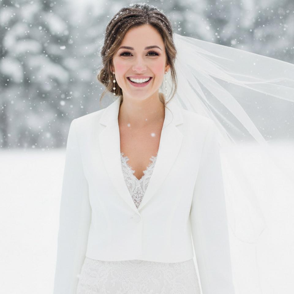 Elegant kort brude blazer fra LILLY Brudekjoler som er perfekt til vinterbryllup